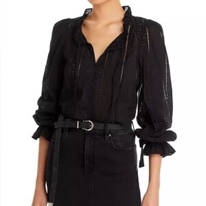 Aqua |  Lace-trim cotton embroidered blouse